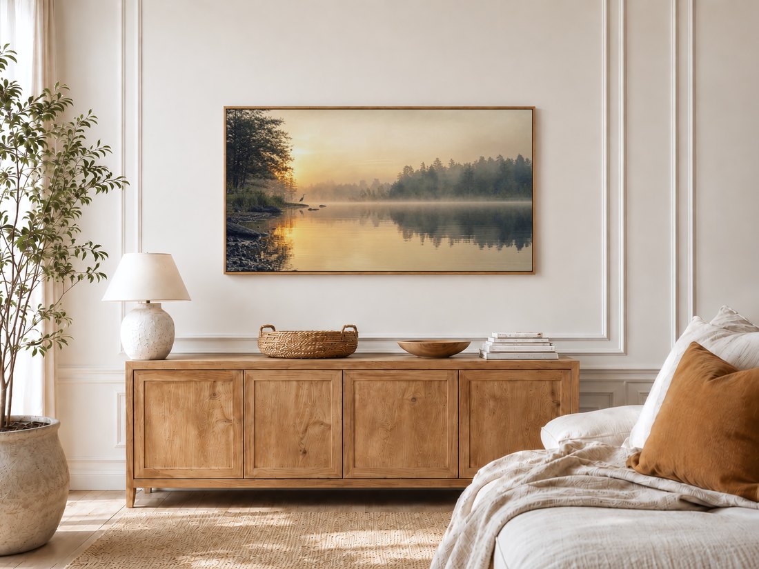 Calm foggy lake artwork with a heron shown on a TV in a bright bedroom with cream panelled moulding, light oak sideboard, ceramic lamp, potted olive tree and a linen bed with a rust cushion.