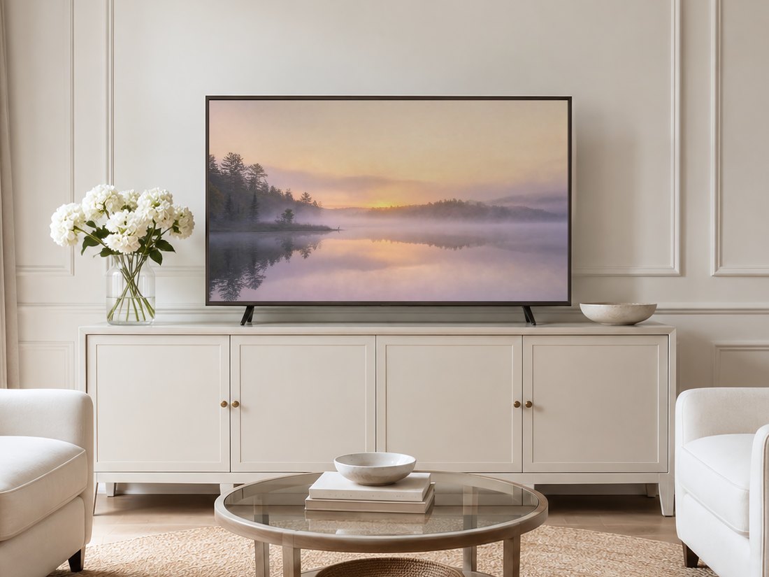 Misty lake sunrise artwork displayed on a Frame TV in a neutral living room with a cream panelled wall, sideboard with brass knobs, white hydrangeas and pale armchairs, the foggy heron scene adding quiet calm to the space.