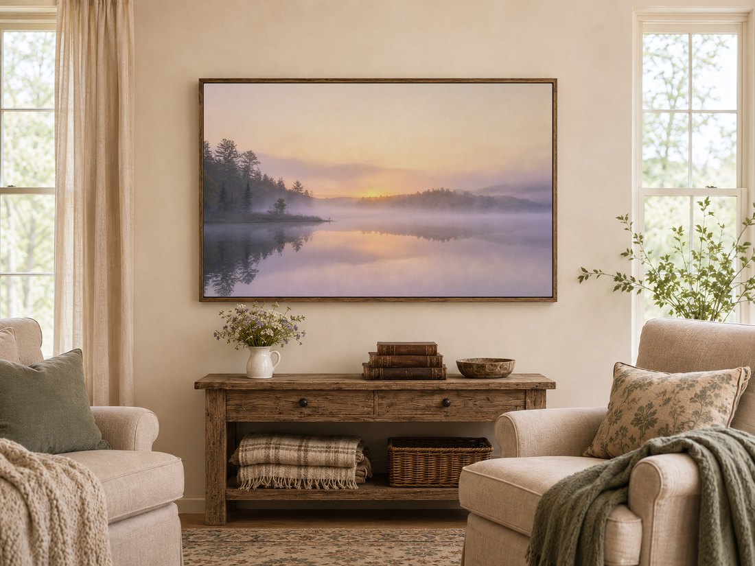 Foggy lake sunrise Frame TV art above a rustic console table in a warm farmhouse living room, with wildflowers, antique books and a carved wooden bowl, the misty amber shoreline complementing the sage and cream decor.