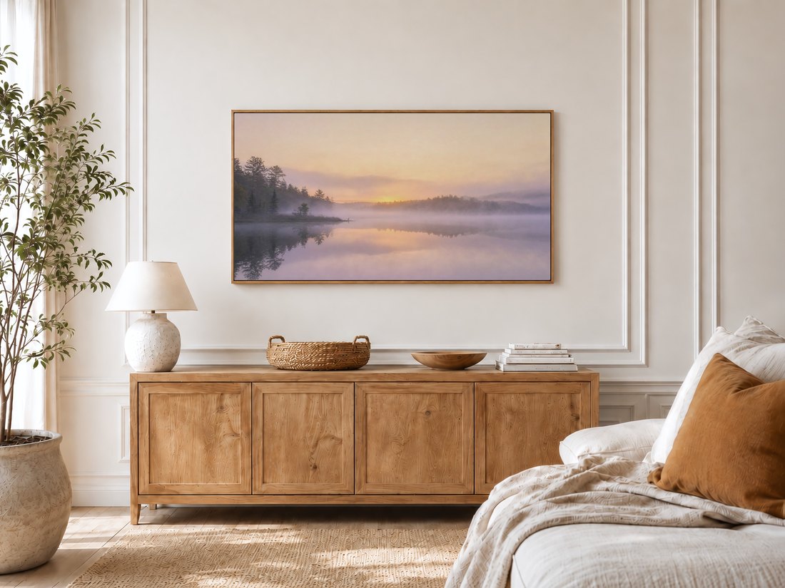 Misty lake dawn artwork on a Frame TV in a bright bedroom with cream panelled moulding, an oak sideboard, potted olive tree and linen bedding, the soft lavender and amber tones echoing the room's calm palette.