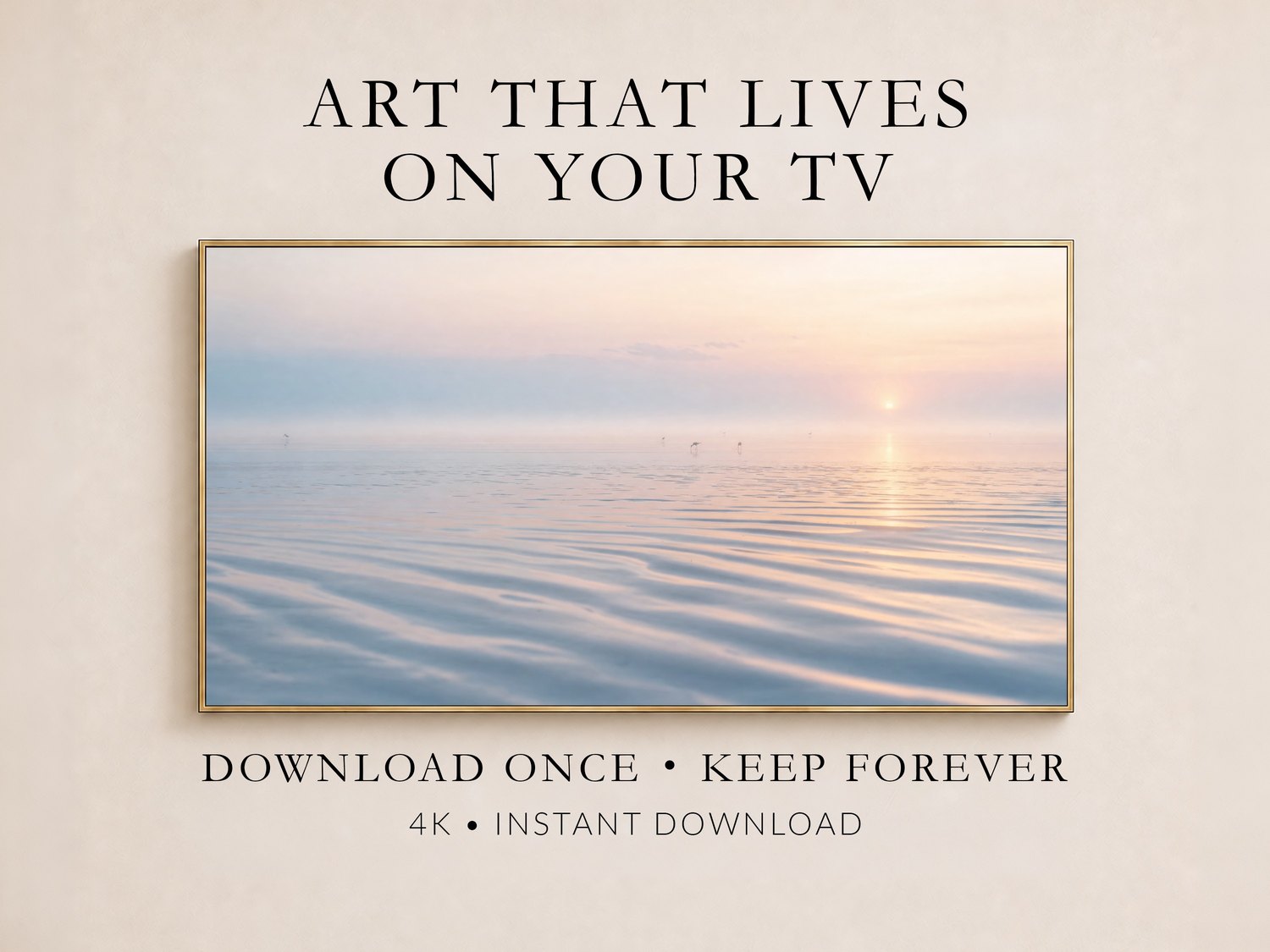 Misty tidal flat art in a thin gold frame on a soft cream wall, showing pastel sunrise light over rippled water and distant wading birds, styled as Frame TV art for instant digital download.