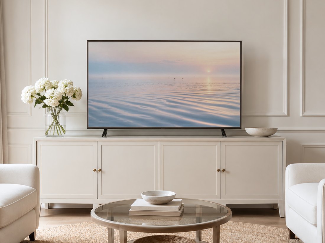 Tidal flat sunrise artwork shown on a Frame TV in a neutral living room with a cream panelled wall, long sideboard, white hydrangeas and pale armchairs on a jute rug, ideal calming coastal decor.