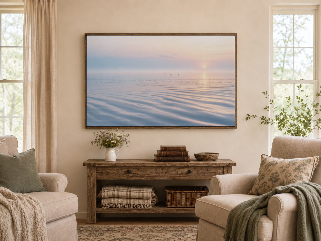 Soft pastel tidal flat scene displayed on a Frame TV in a warm farmhouse living room, framed by a dark reclaimed-wood console with wildflowers and books, sage cushioned armchairs nearby for a serene mood.
