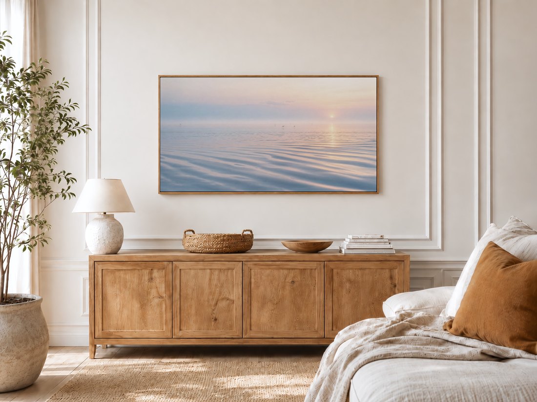 Misty coastal sunrise art on a Frame TV in a bright bedroom with cream panelled moulding, a light oak sideboard, ceramic lamp and olive tree, bringing quiet morning calm to the linen bed setting.