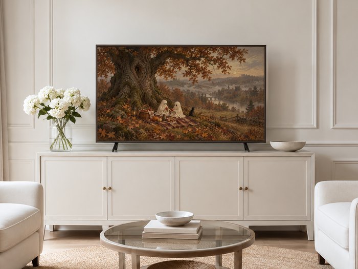 Autumn ghost picnic landscape art displayed in a thin gold frame on a neutral cream panelled living room wall above a cream sideboard, flanked by pale armchairs and white hydrangea flowers.
