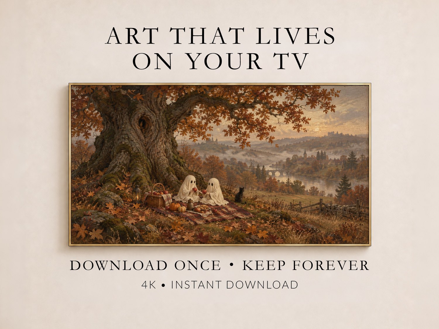 Promotional image showing whimsical autumn ghost picnic landscape art displayed in a thin gold frame on cream wall, labelled Frame TV Art with Download Once Keep Forever messaging.