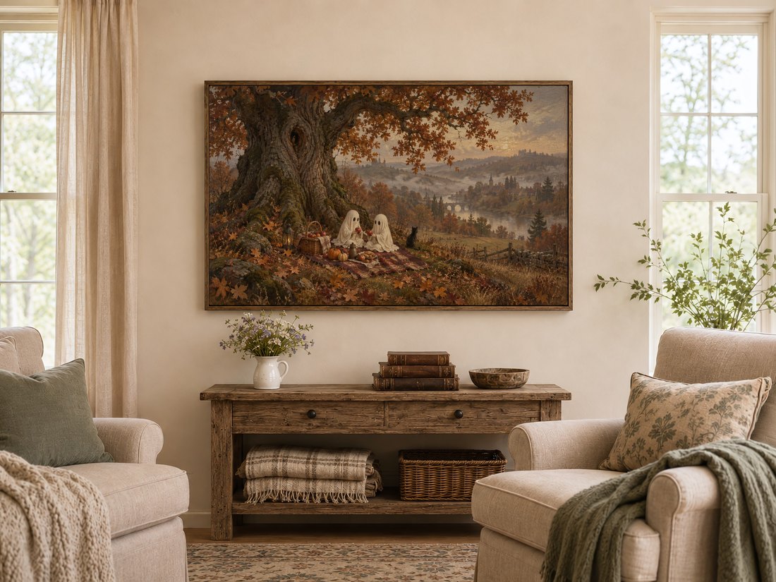 Whimsical autumn ghost picnic scene in a dark wooden frame above a rustic console table in a warm farmhouse living room with cream armchairs, sage cushions and tall linen-curtained windows.