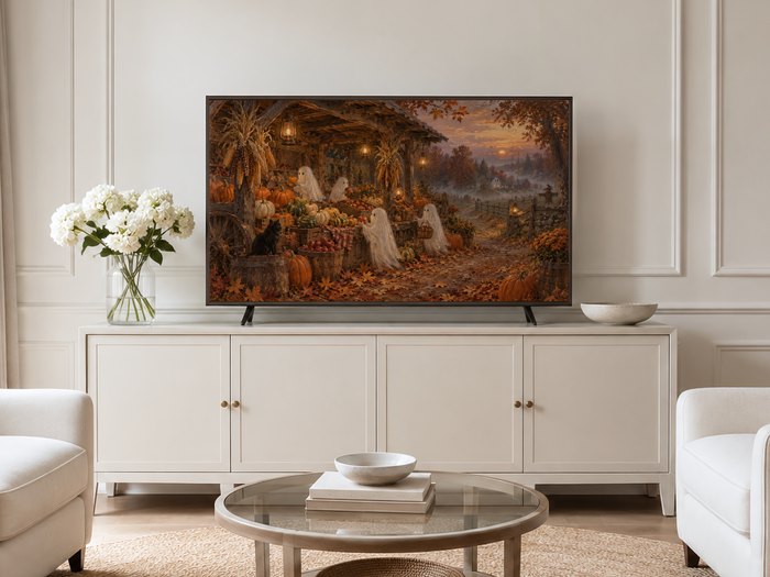 Artwork displayed on Frame TV on neutral cream panelled wall in modern living room, showing glowing pumpkin market at dusk with ghost figures and warm amber tones, paired with cream sideboard and hydrangeas.