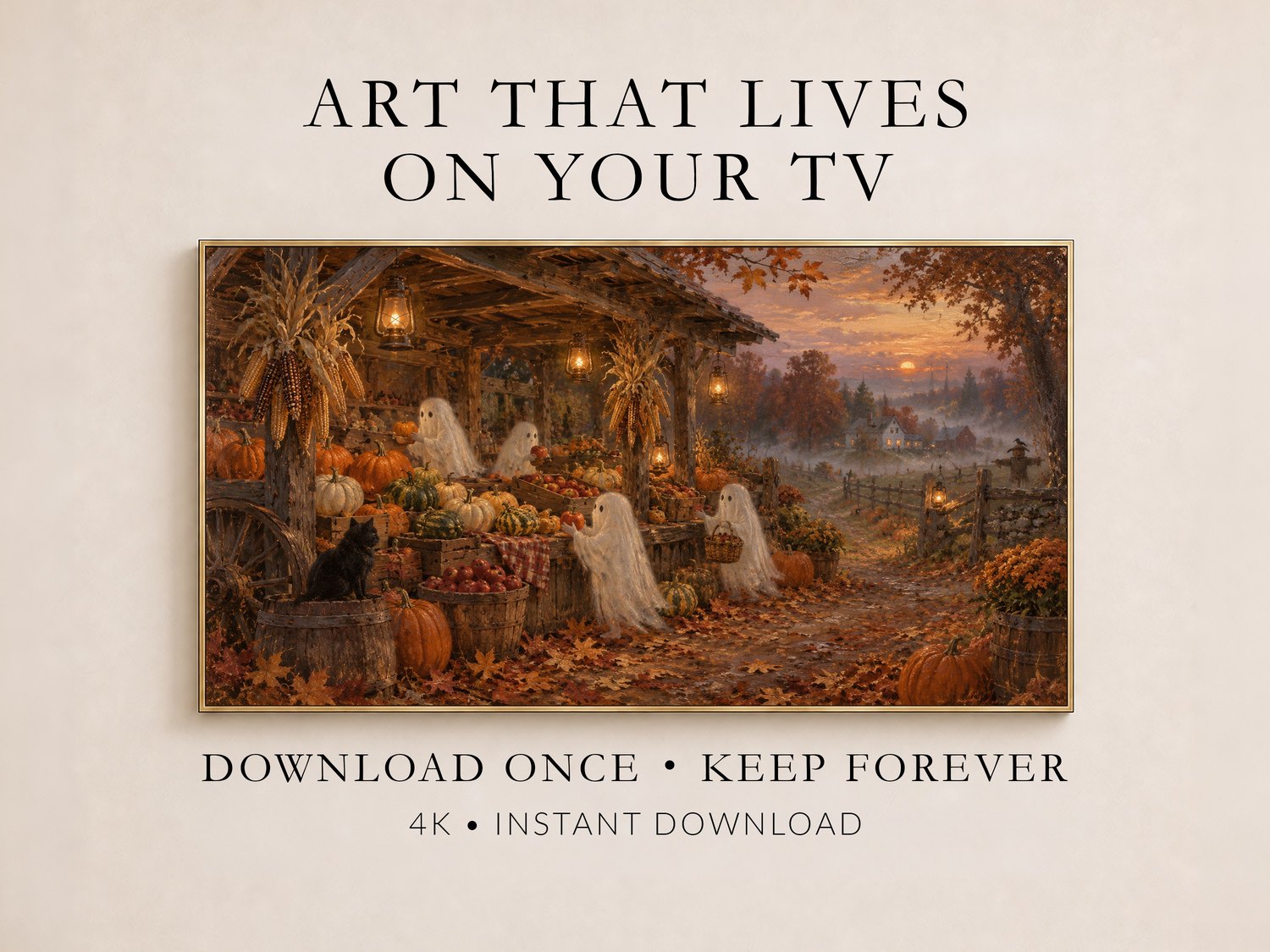 Halloween Ghost Pumpkin Market Frame TV Art in a thin gold frame on cream wall, featuring haunted autumn harvest with ghosts, lantern-lit stalls and golden twilight, ready for instant download.