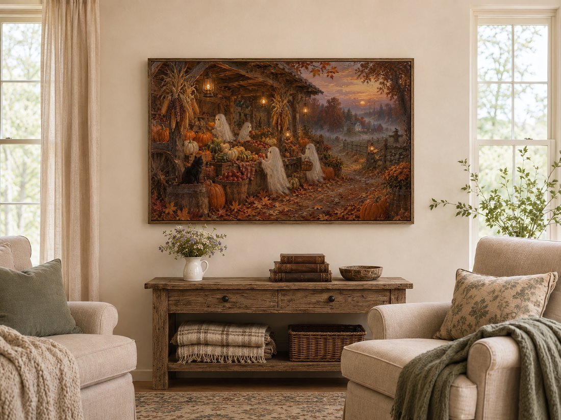 Frame TV art hanging above rustic console table in farmhouse living room, depicting haunted harvest scene with golden lantern light and misty forest, flanked by cream armchairs with sage cushions.