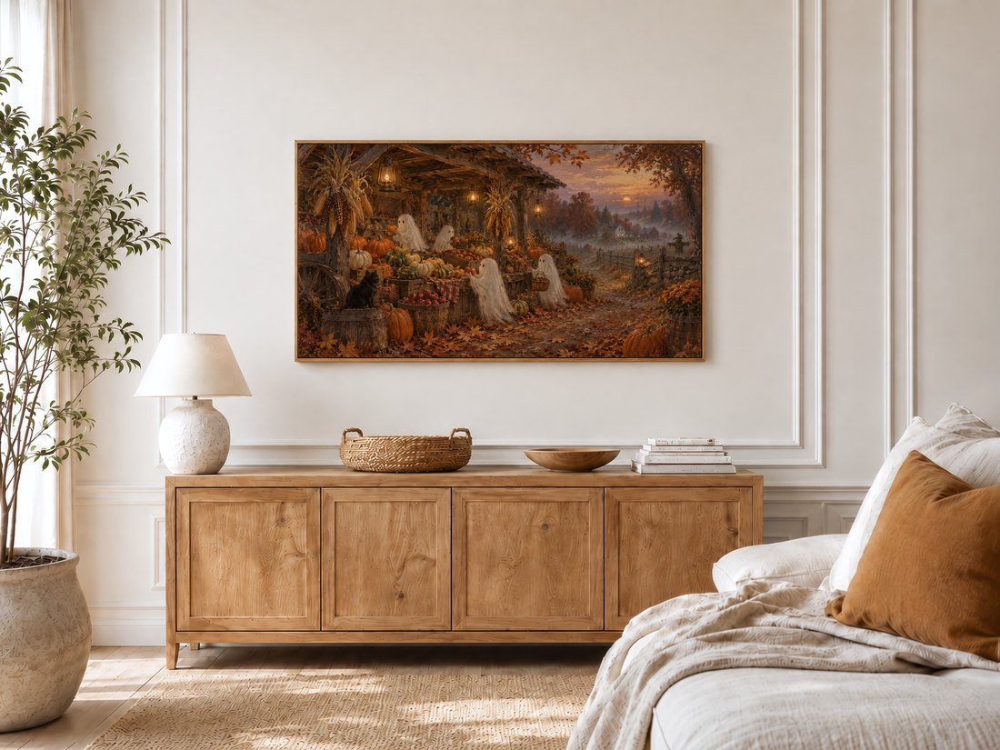 Frame TV showing moody autumn pumpkin market scene on cream panelled bedroom wall above light oak sideboard, with misty ghostly figures and warm harvest tones complementing rattan accents and linen bed.