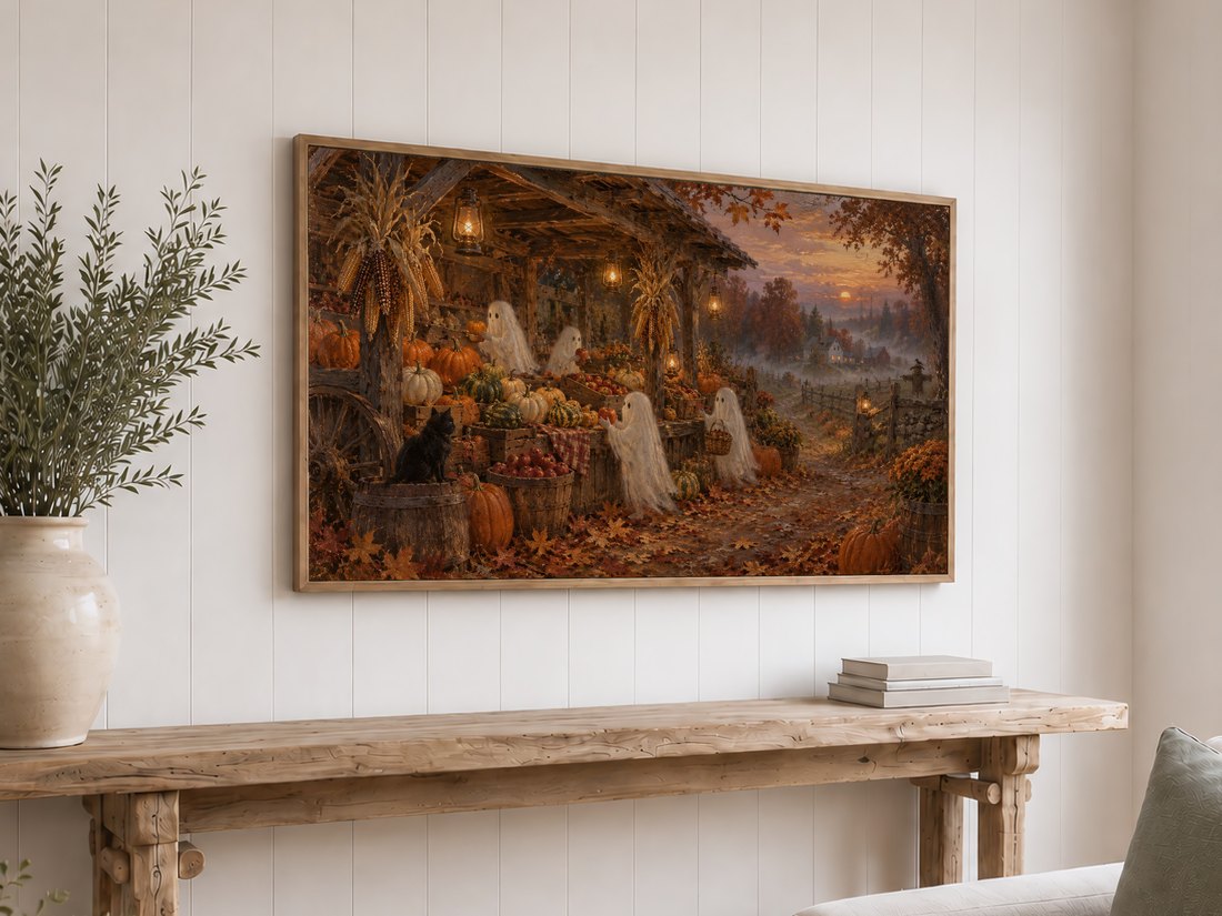 Frame TV displaying glowing pumpkin market at twilight on white shiplap wall, featuring haunted harvest with lantern light and ghost shapes, mounted above reclaimed-wood console with olive branches and books.