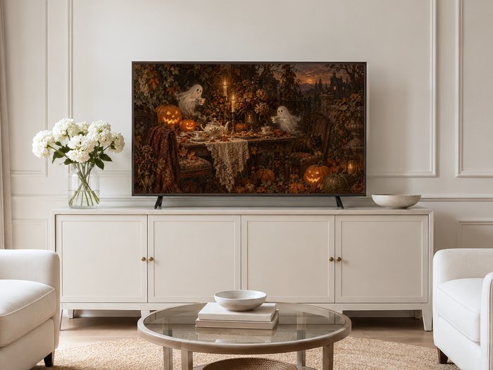 Halloween Frame TV art displayed on cream panelled wall in neutral living room with glass coffee table, white hydrangeas and pale armchairs on jute rug.