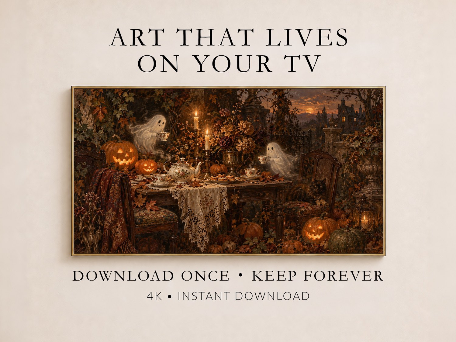 Promotional image showing Halloween tea party Frame TV art in a gold frame on cream wall, featuring glowing jack-o'-lanterns, ghostly figures and candlelit autumn garden scene.