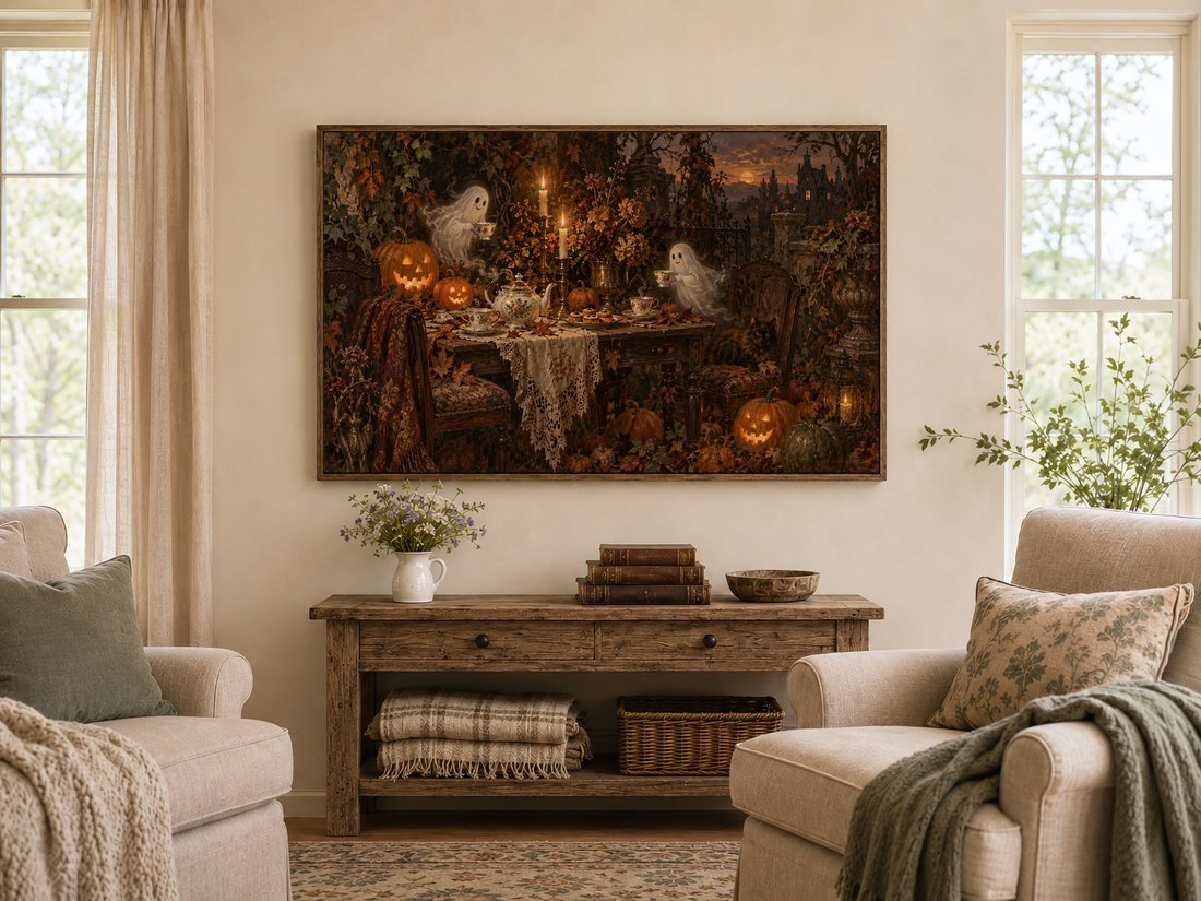 Spooky autumn tea party Frame TV art hung above rustic console table in farmhouse living room, with wildflowers and antique books nearby, cream armchairs and linen curtains.