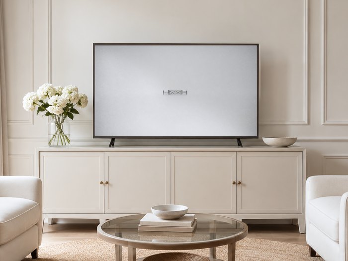Weathered gate emerging from mist artwork shown on a Frame TV in a neutral living room with cream panelled walls, cream sideboard with brass knobs, white hydrangeas and pale armchairs.