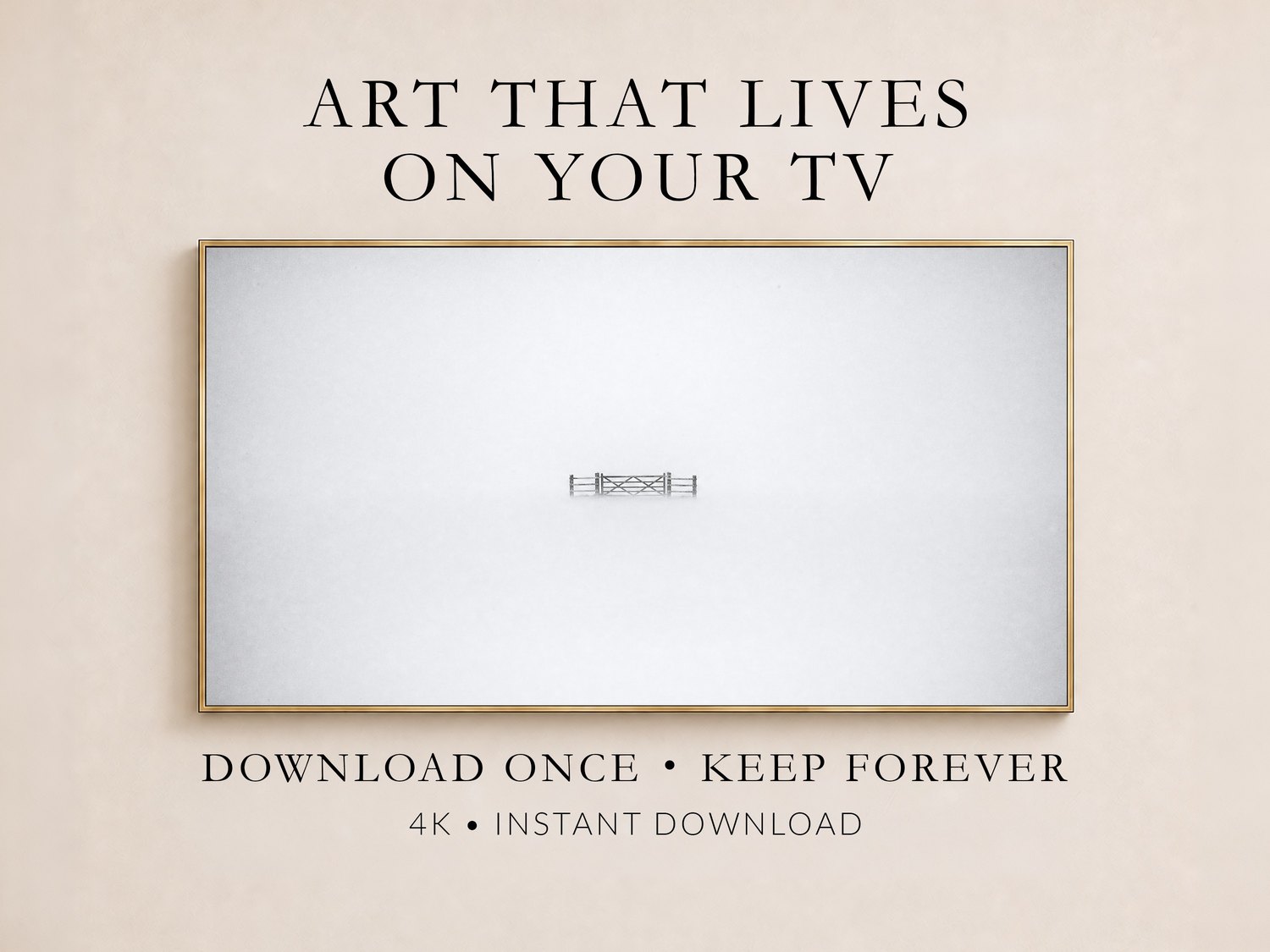 Minimalist foggy landscape artwork displayed on a Frame TV with a thin gold frame against a soft cream wall, with download and quality details below.