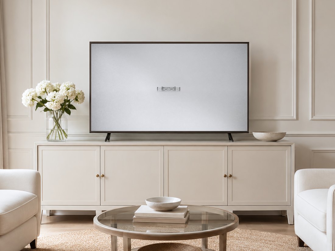 Weathered gate emerging from mist artwork shown on a Frame TV in a neutral living room with cream panelled walls, cream sideboard with brass knobs, white hydrangeas and pale armchairs.