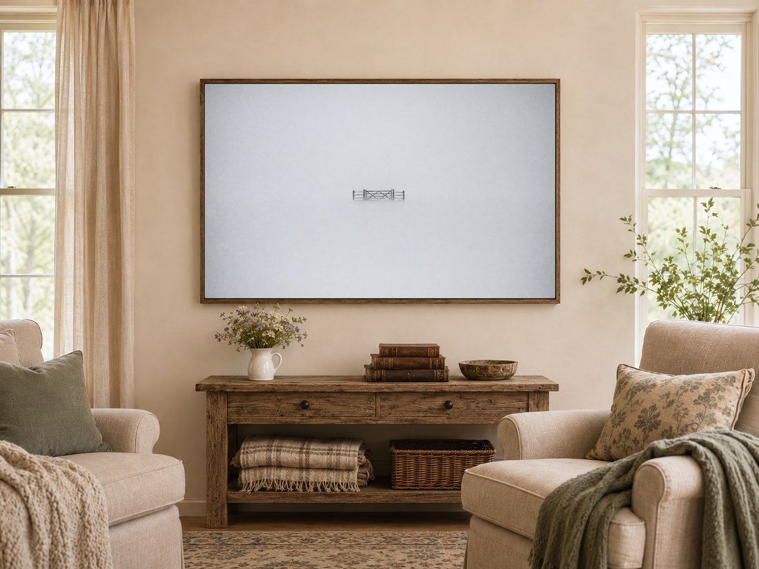 Misty gate landscape displayed on a Frame TV above a rustic console table in a warm farmhouse living room with reclaimed wood, wildflowers and sage-cushioned armchairs.