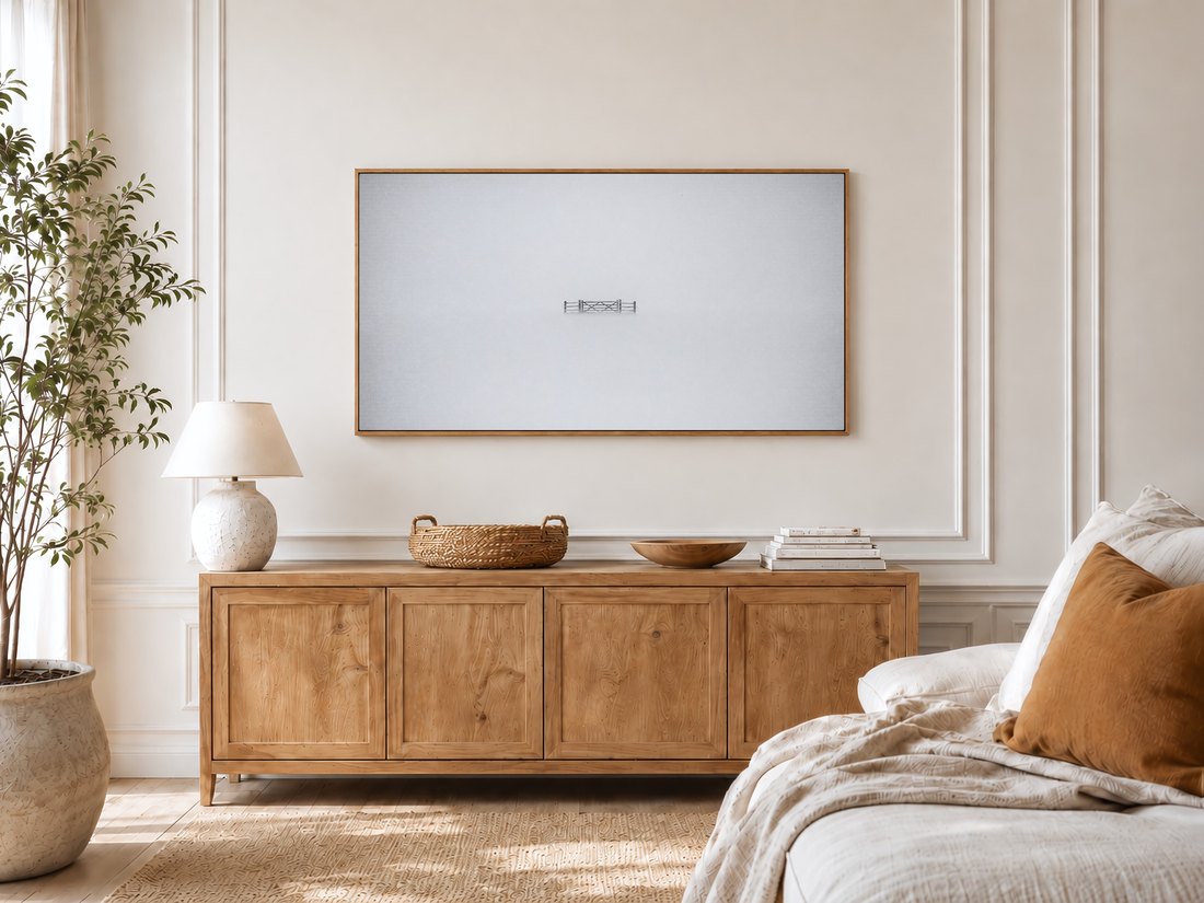 Minimalist fog gate artwork shown on a Frame TV in a bright bedroom with cream panelled walls, light oak sideboard, textured ceramic lamp and an olive tree by the window.