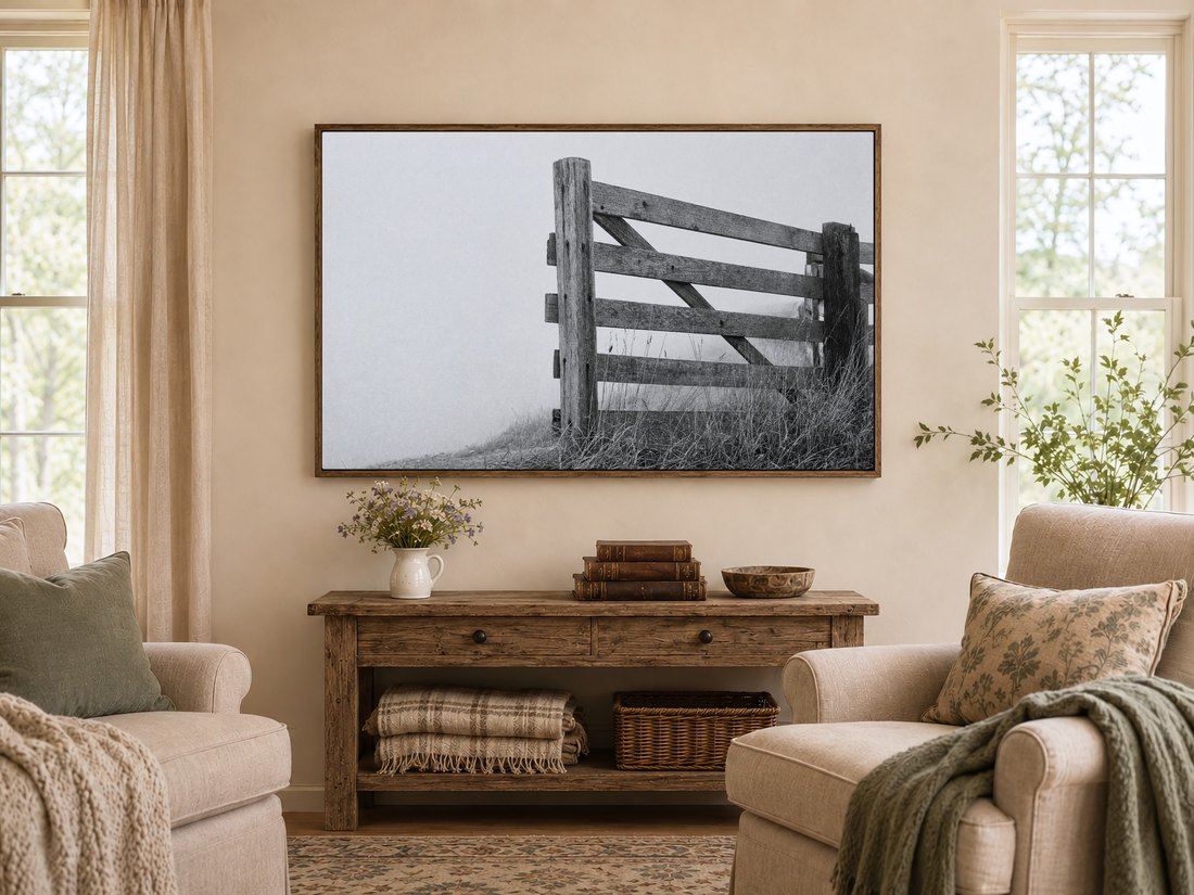 Weathered wooden gate in misty fog shown on Frame TV in a warm farmhouse living room above a rustic console table with white pitcher of wildflowers, antique books and carved wooden bowl, flanked by cream armchairs with sage cushions.