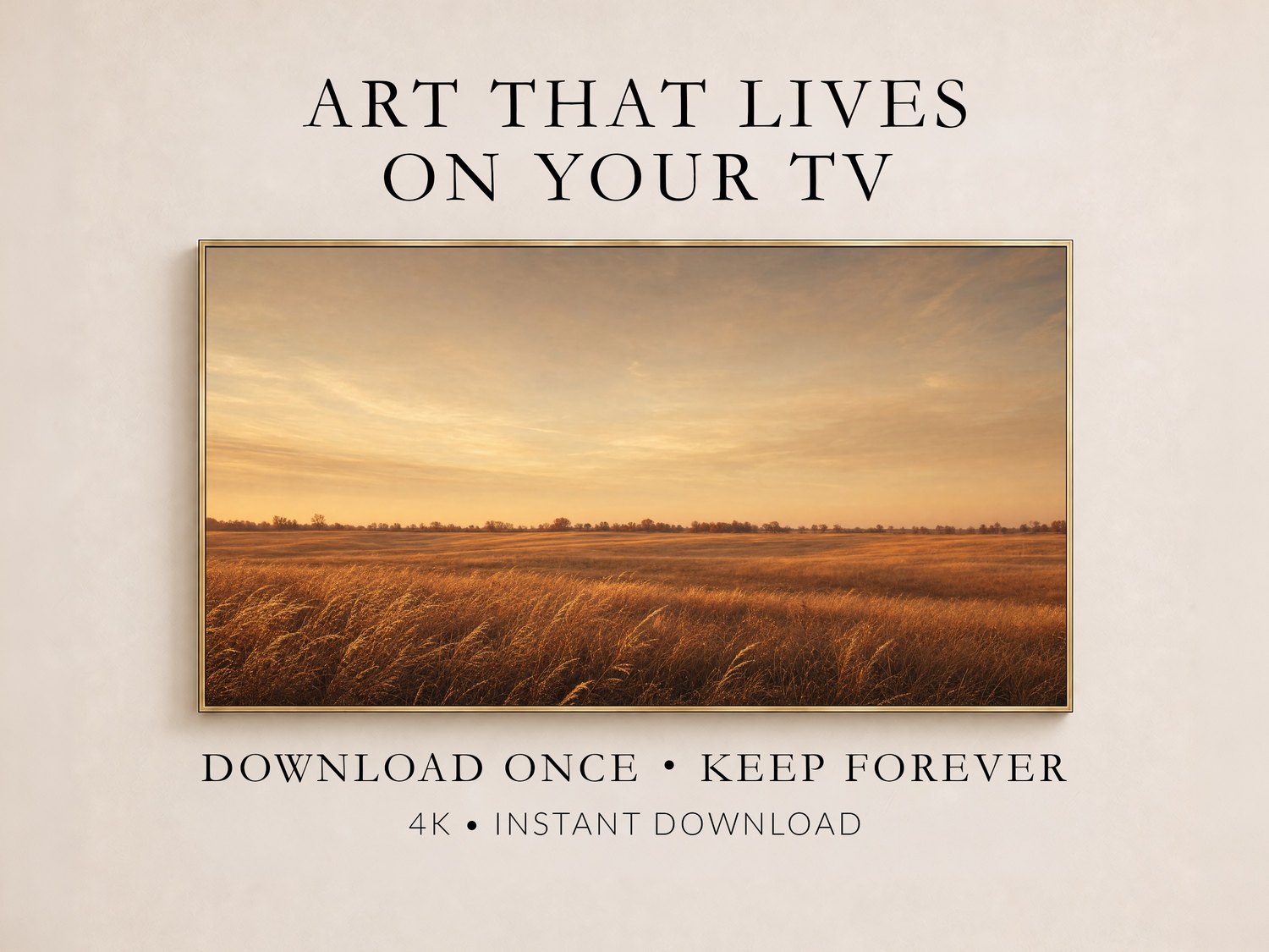 Golden prairie field art in a thin gold frame on a soft cream wall, shown with text reading Art That Lives On Your TV and Download Once, Keep Forever, highlighting the 4K instant download Frame TV art.