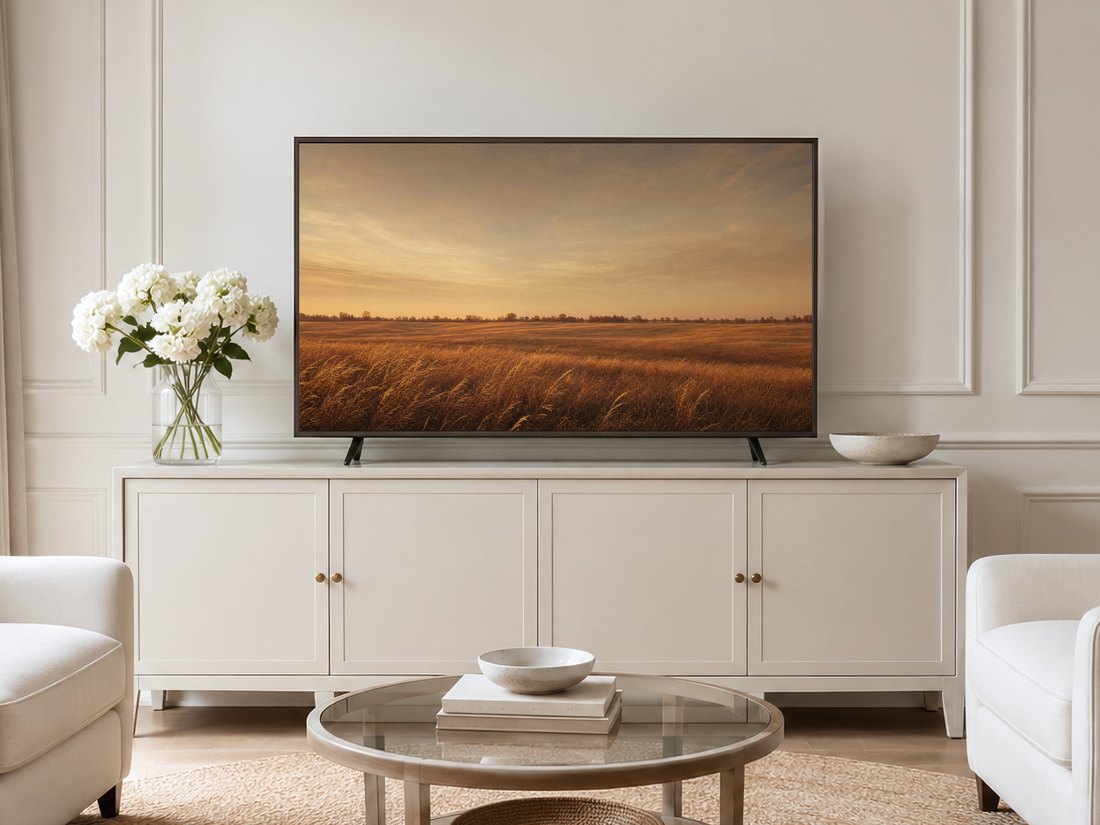 Windblown golden grass field art displayed on a Frame TV in a neutral living room with a cream panelled wall, long cream sideboard, white hydrangeas, a round glass coffee table and pale armchairs on a jute rug.