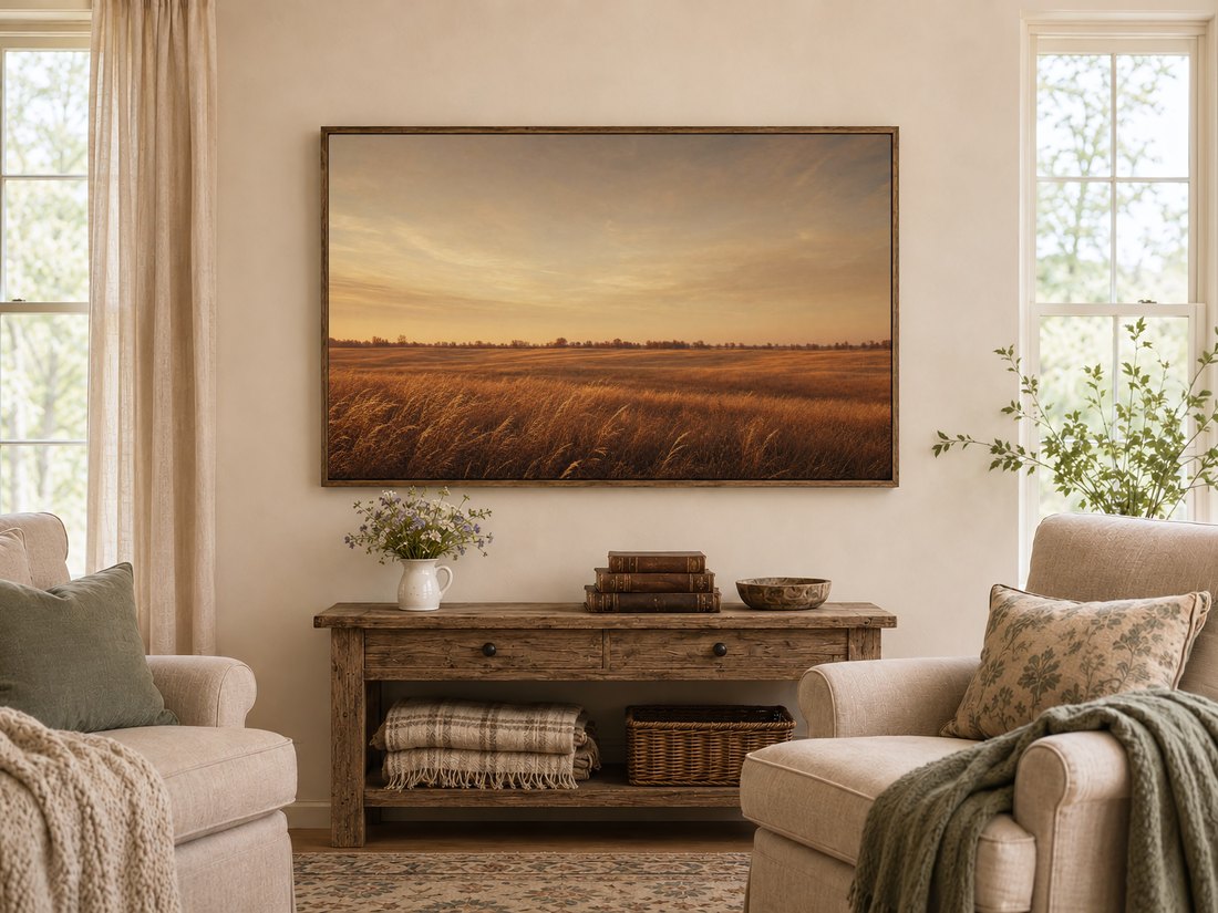 Amber sunset prairie art shown on a Frame TV in a warm farmhouse living room, above a rustic console with wildflowers, leather books and a carved wooden bowl, flanked by cream armchairs with sage cushions.