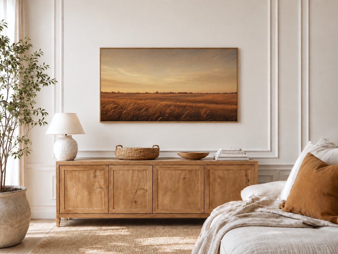 Golden field landscape art on a Frame TV in a bright bedroom with cream panelled moulding, a light oak sideboard with a ceramic lamp and rattan tray, a potted olive tree and a linen bed with a rust cushion.