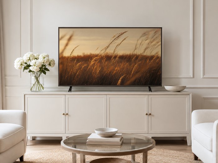 Golden prairie grass artwork on a TV in a neutral living room with a cream panelled wall, long cream sideboard, white hydrangeas and pale armchairs on a jute rug, adding warm natural color to the space.