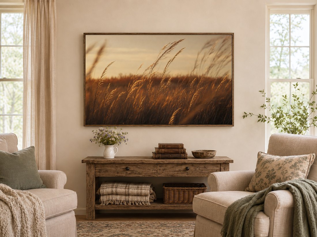 Golden prairie grass artwork on a TV in a warm farmhouse living room above a rustic console table with wildflowers, leather books and a wooden bowl, flanked by cream armchairs with sage cushions.