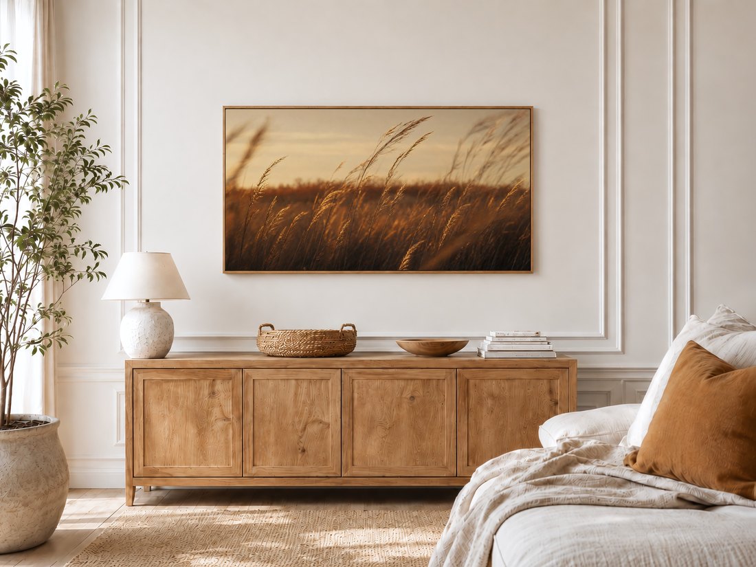 Golden prairie grass artwork on a TV in a bright bedroom with cream panelled moulding, an oak sideboard, ceramic lamp, potted olive tree and a linen bed with a rust cushion, bringing sunset warmth to the room.