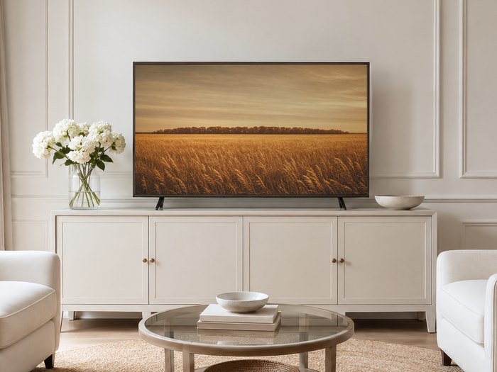 Golden dried grass field art displayed on a Frame TV in a neutral living room with a cream panelled wall, long sideboard with brass knobs, white hydrangeas, and pale armchairs on a jute rug.