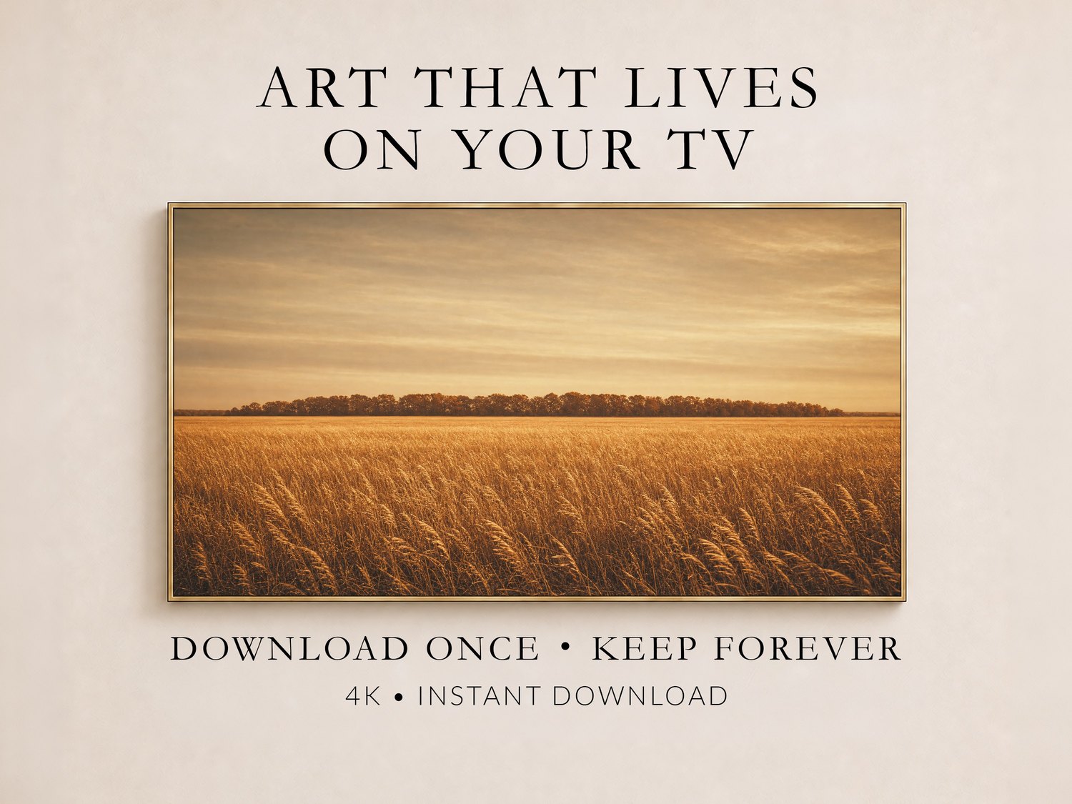 Golden wheat field artwork with a distant rust-colored tree line shown on a Frame TV in a thin gold frame against a soft cream wall, promoted as instant 4K digital download art for your television.