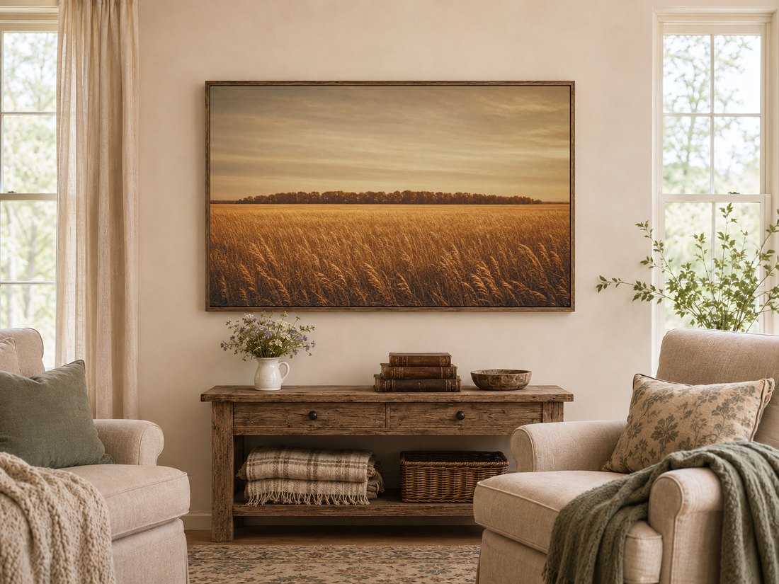 Amber wheat field landscape shown on a Frame TV in a dark reclaimed-wood frame above a rustic console with wildflowers and leather books, in a warm farmhouse living room with sage cushioned armchairs.