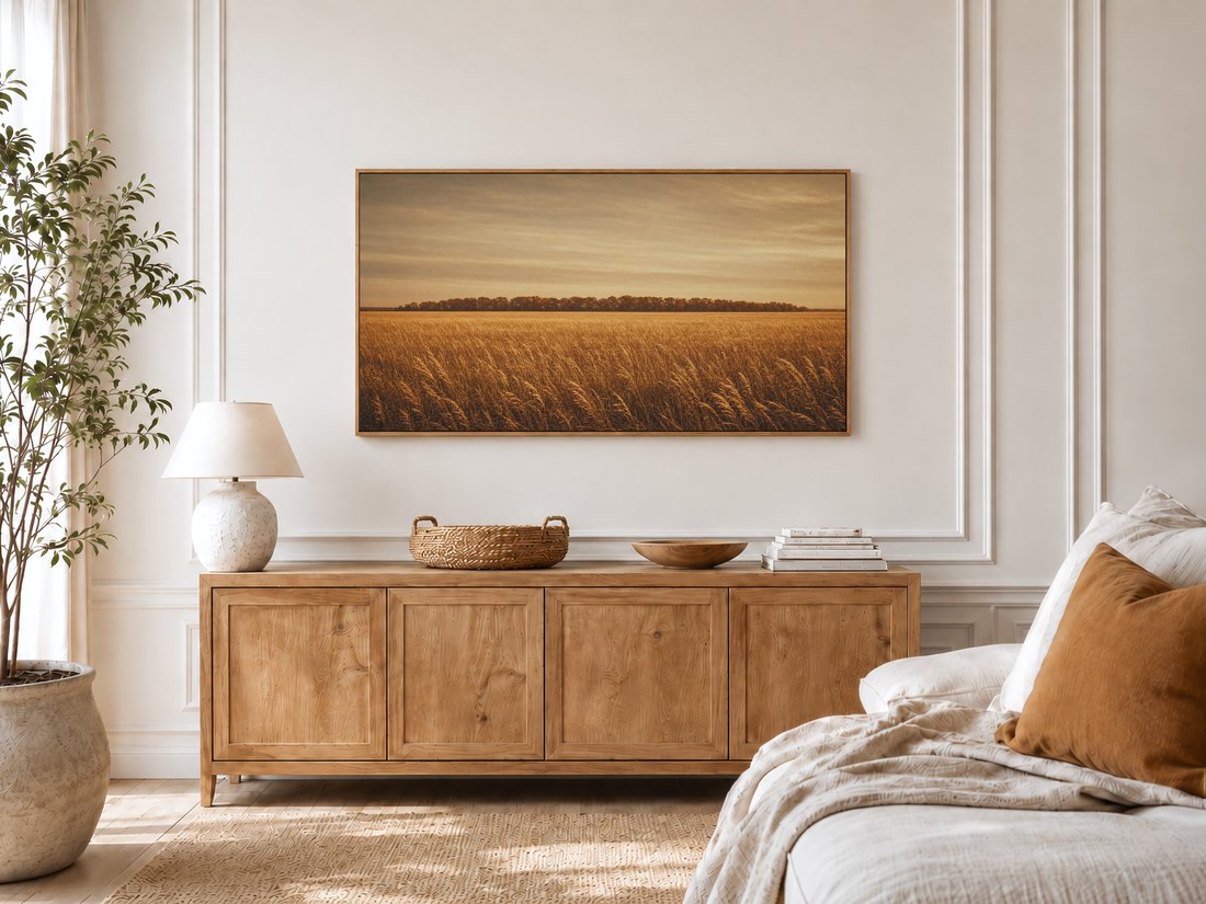 Golden prairie field art shown on a Frame TV in a bright bedroom with cream panelled moulding, an oak sideboard, ceramic lamp, potted olive tree, and a linen bed with a rust cushion.
