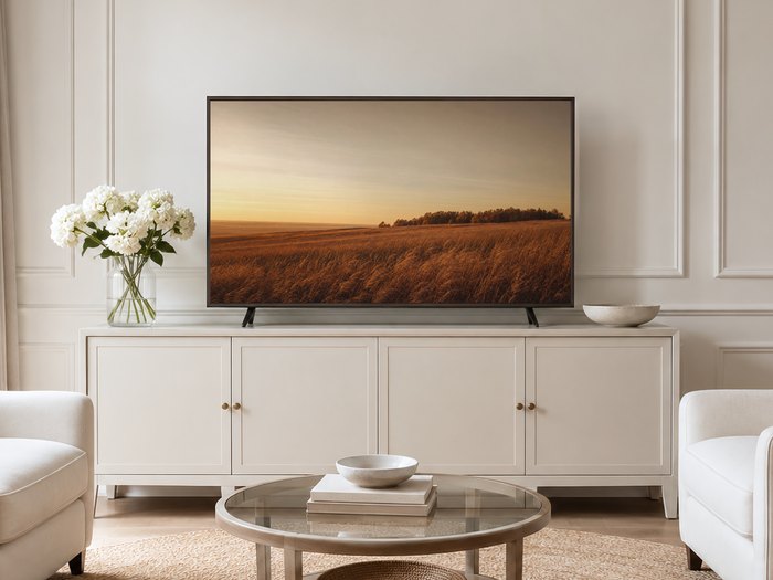 Golden prairie field artwork on a Frame TV in a neutral living room with a cream panelled wall, cream sideboard, white hydrangeas and pale armchairs on a jute rug, adding warmth to a calm modern space.