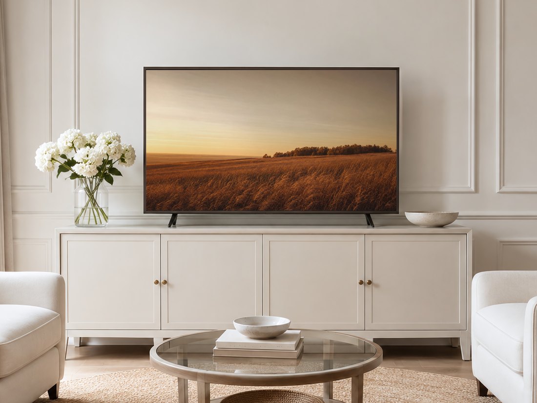 Golden prairie field artwork on a Frame TV in a neutral living room with a cream panelled wall, cream sideboard, white hydrangeas and pale armchairs on a jute rug, adding warmth to a calm modern space.