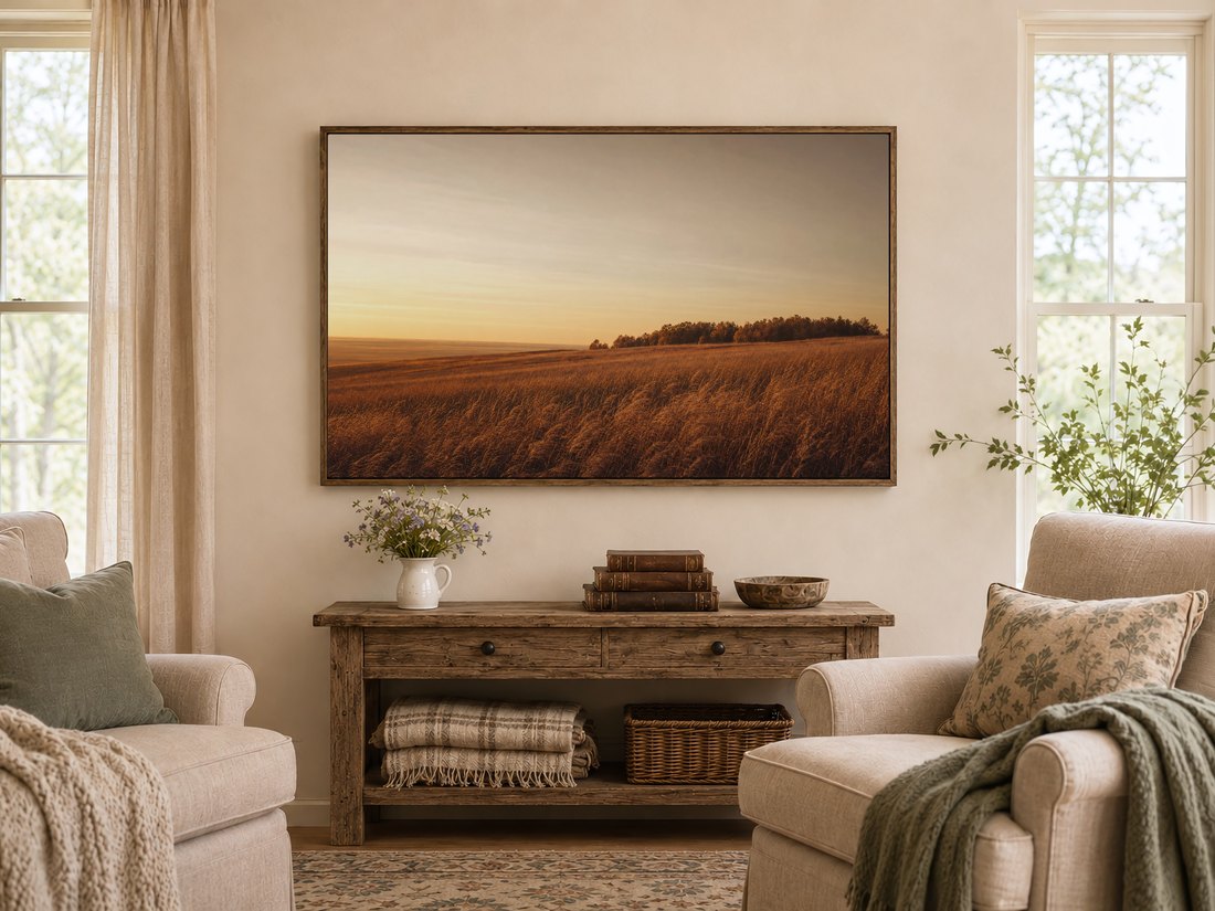 Windblown golden field art shown on a Frame TV in a warm farmhouse living room above a reclaimed-wood console with wildflowers, leather books and a wooden bowl, flanked by cream armchairs with sage cushions.